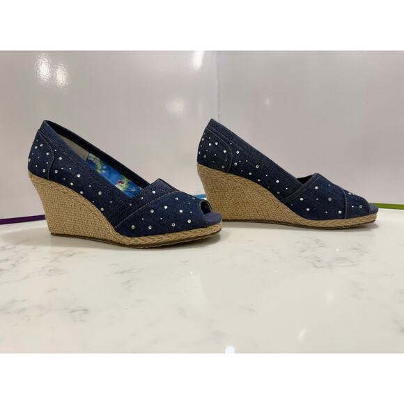 Skechers Denim & Sparkles Wedge Peep Toe Heels Size 7.5 Excellent Condition - Picture 2 of 8